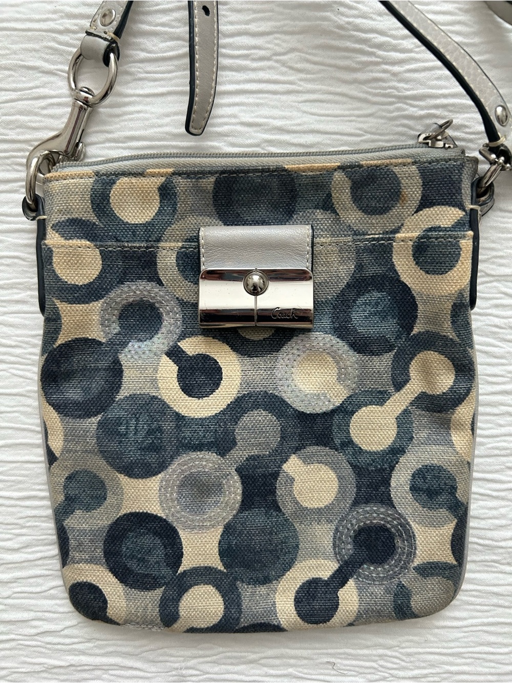Vintage Coach Navy and Beige Signature Circle Print Crossbody Bag